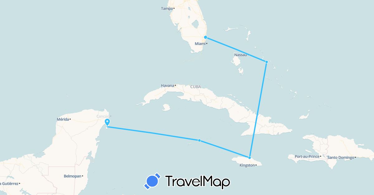 TravelMap itinerary: driving, boat in Bahamas, Jamaica, Cayman Islands, Mexico, United States (North America)
